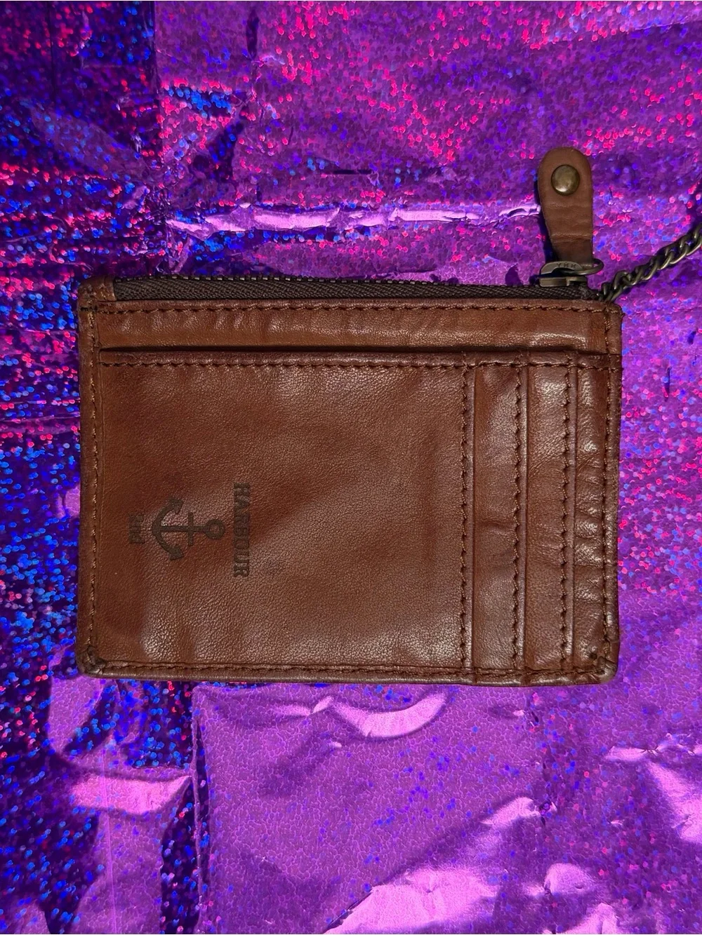 Brown Leather Card Wallet Keychain with Anchor Accent